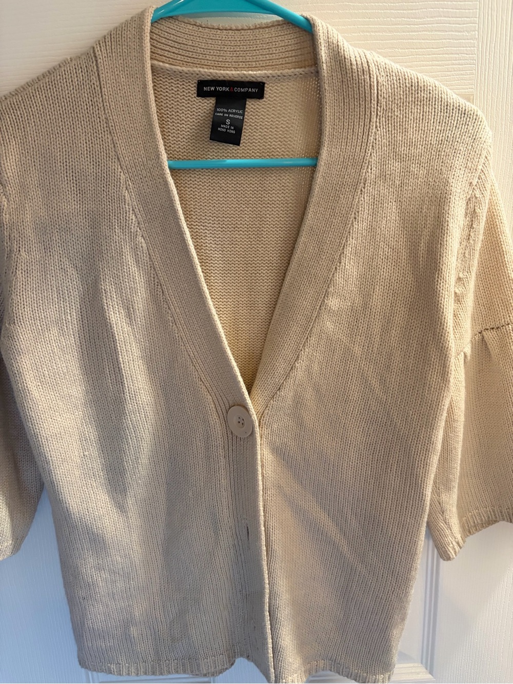 New York & Company Cream Short-Sleeve Button Cardigan
